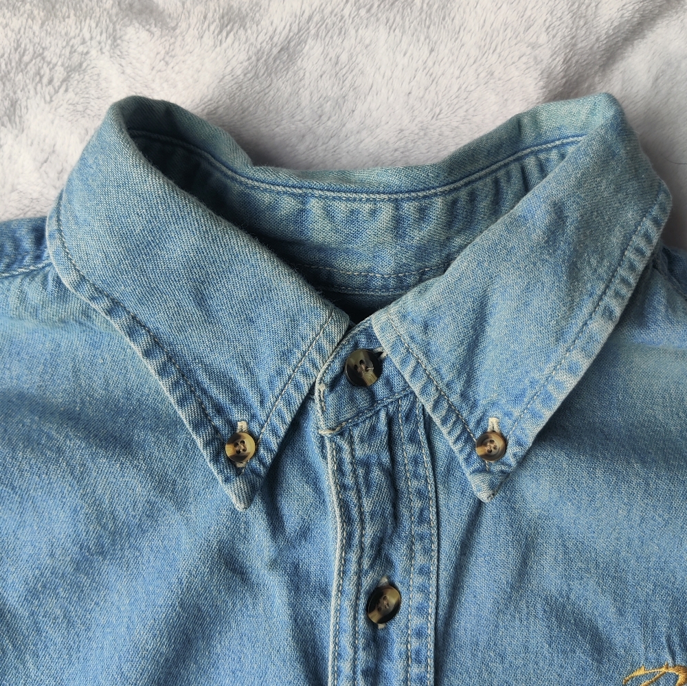 VTG Big Sur International Marathon Mens L Denim Shirt Button Down Embroidered - Picture 4 of 13